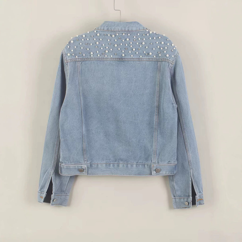 Fashion nail bead short denim jacket women's pearl diamond plus size jacket top
