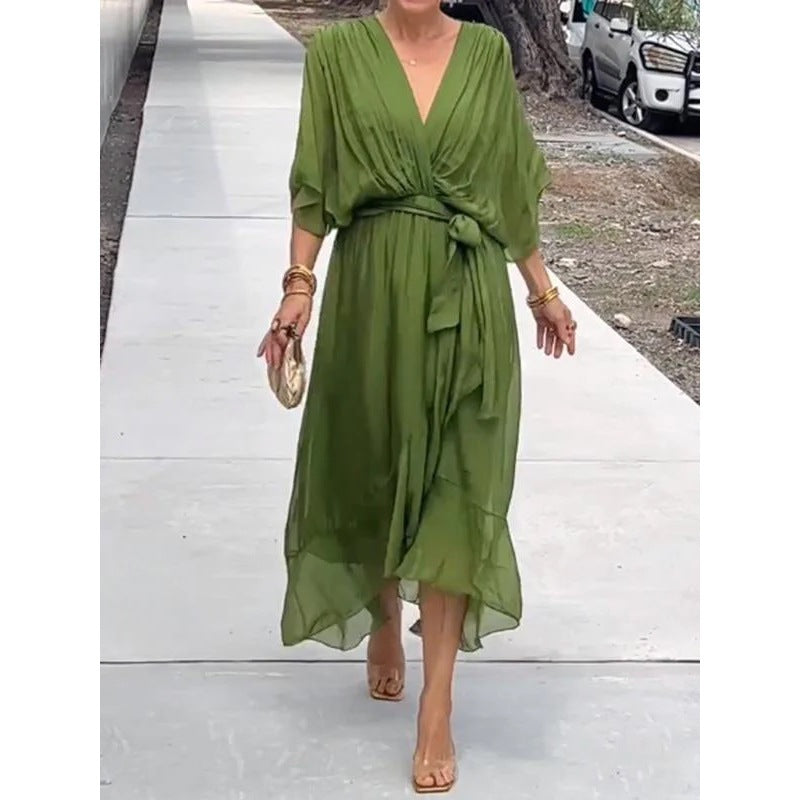 Plus Size Solid Color Tie-Waist Long Dress with Batwing Sleeves and Asymmetrical Hem