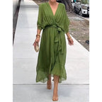 Plus Size Solid Color Tie-Waist Long Dress with Batwing Sleeves and Asymmetrical Hem