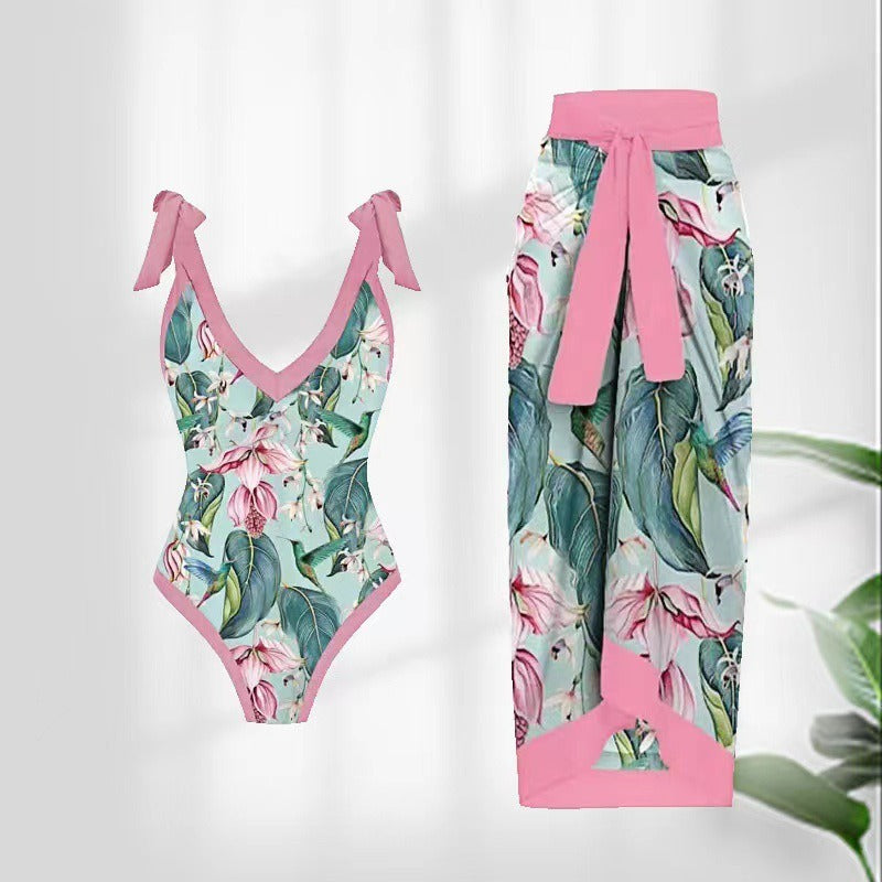 New one-piece women's swimwear digital printing French two-piece gauze skirt conservative swimsuit for women