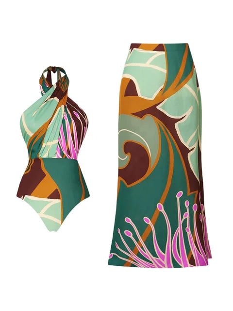Deco Printed One Piece Swimsuit and Matching Sarong