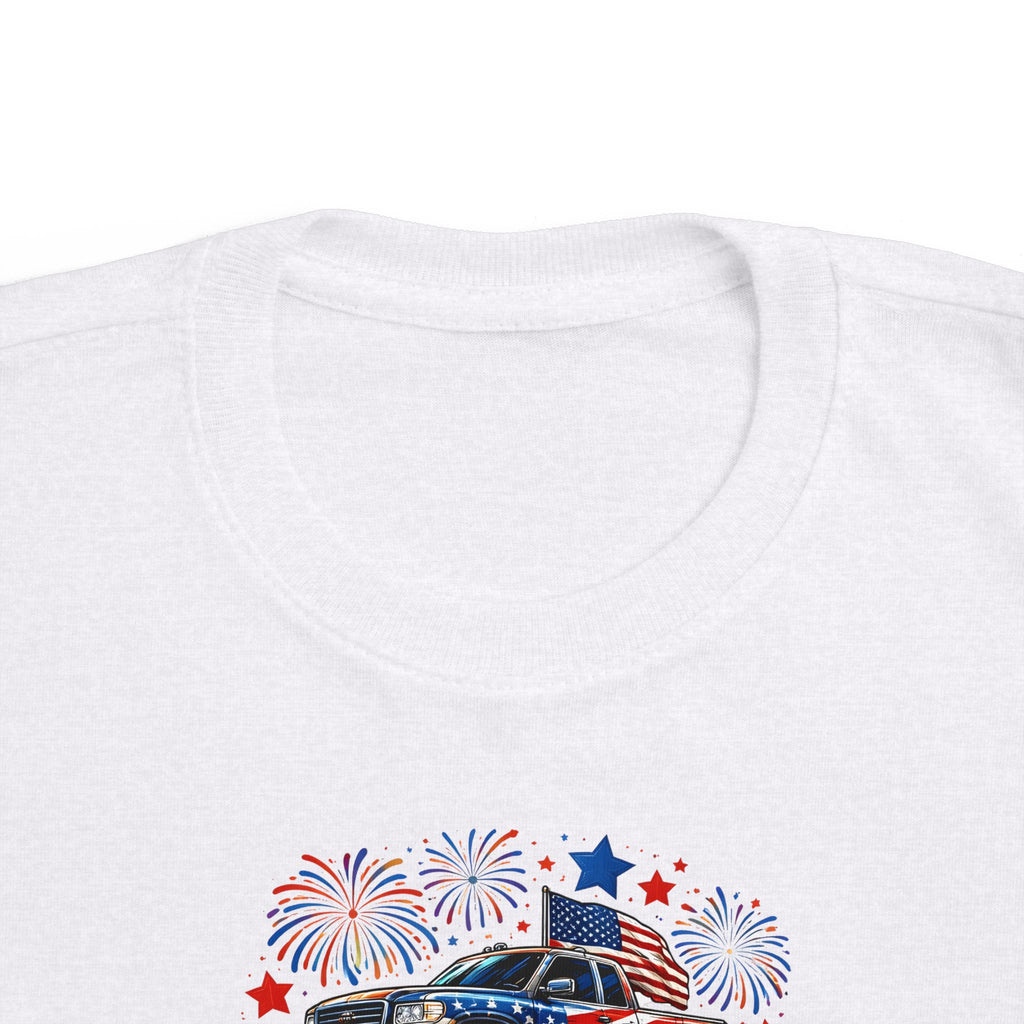 4th of July Monster Truck Toddler Tee — Patriotic Fireworks Kids Shirt
