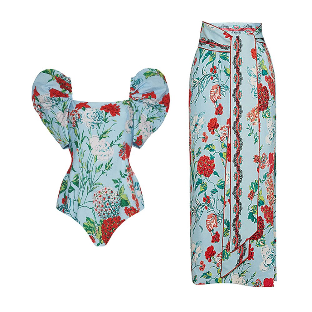 Retro Print Ruffle Edge One Piece Slash Neck Backless Swimsuit With Beach Wrap