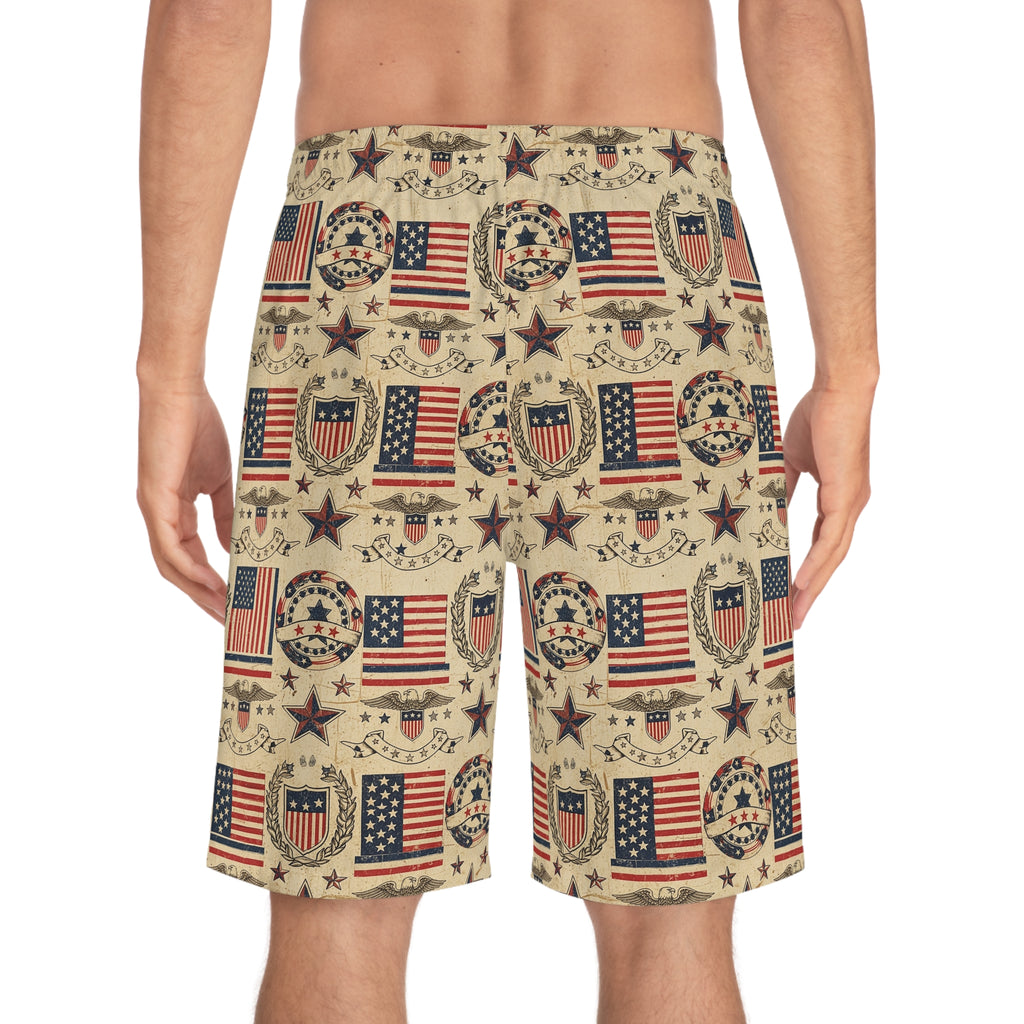 Patriotic Vintage Flag Men's Board Shorts — American Stars & Stripes Swim Trunks