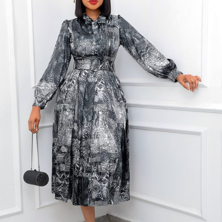 Long Sleeve High Waist Printed Plus Size Banquet Dress with Belt