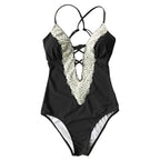 CUPSHE Lace Splicing Back Hook Closure One-piece Swimsuit Women Vintage V-neck Backless Monokini Sexy Bathing Suit Swimwear