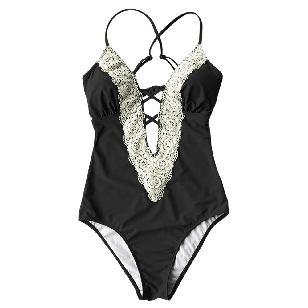 CUPSHE Lace Splicing Back Hook Closure One-piece Swimsuit Women Vintage V-neck Backless Monokini Sexy Bathing Suit Swimwear