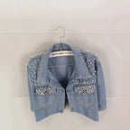 Fashion nail bead short denim jacket women's pearl diamond plus size jacket top
