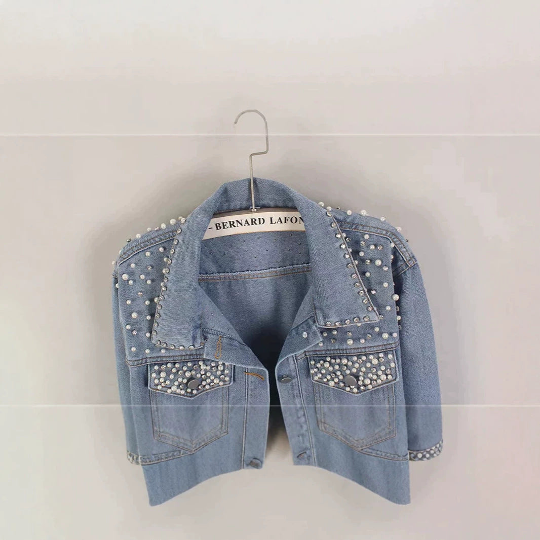 Fashion nail bead short denim jacket women's pearl diamond plus size jacket top