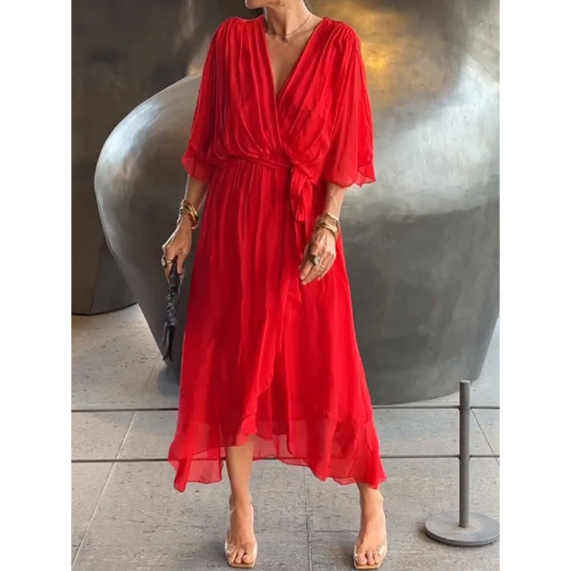 Plus Size Solid Color Tie-Waist Long Dress with Batwing Sleeves and Asymmetrical Hem