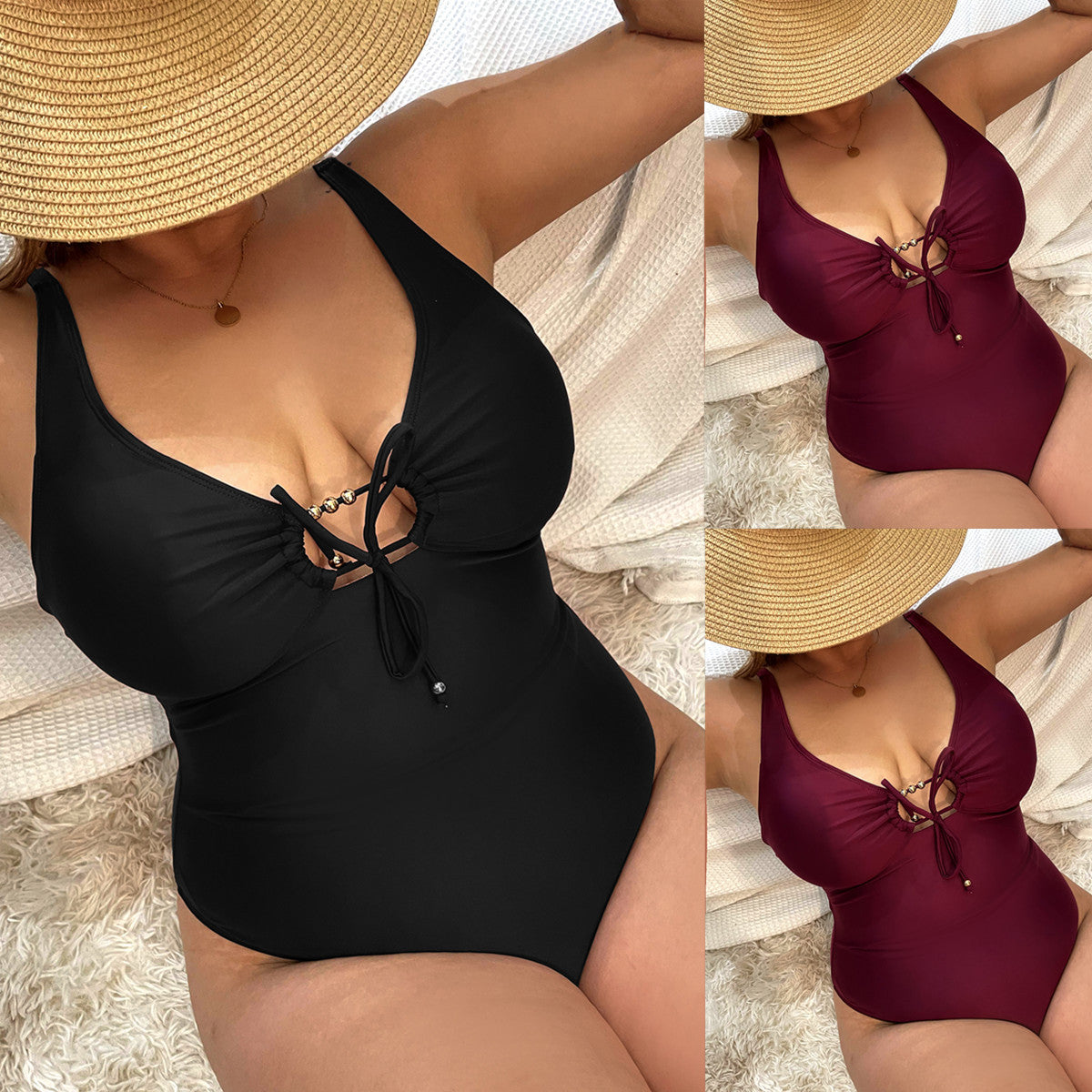 Plus Size Solid Color Tie Front Swimsuit