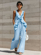 Casual Vacation Style Women's Sleeveless V-Neck Solid Color Jumpsuit