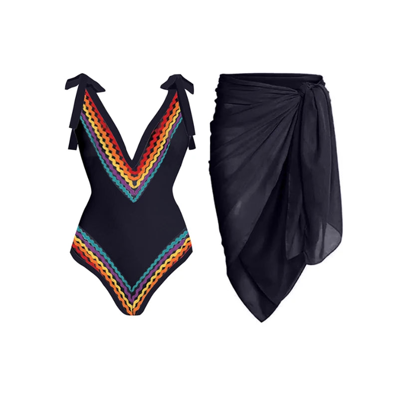 Black Boho One Piece Swimsuit Colorful Line Decoration Design Swimwear Deep-V Neck Tie