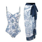 Blue and White Elegant Printed Swimsuit With Micro Monokini Wrap