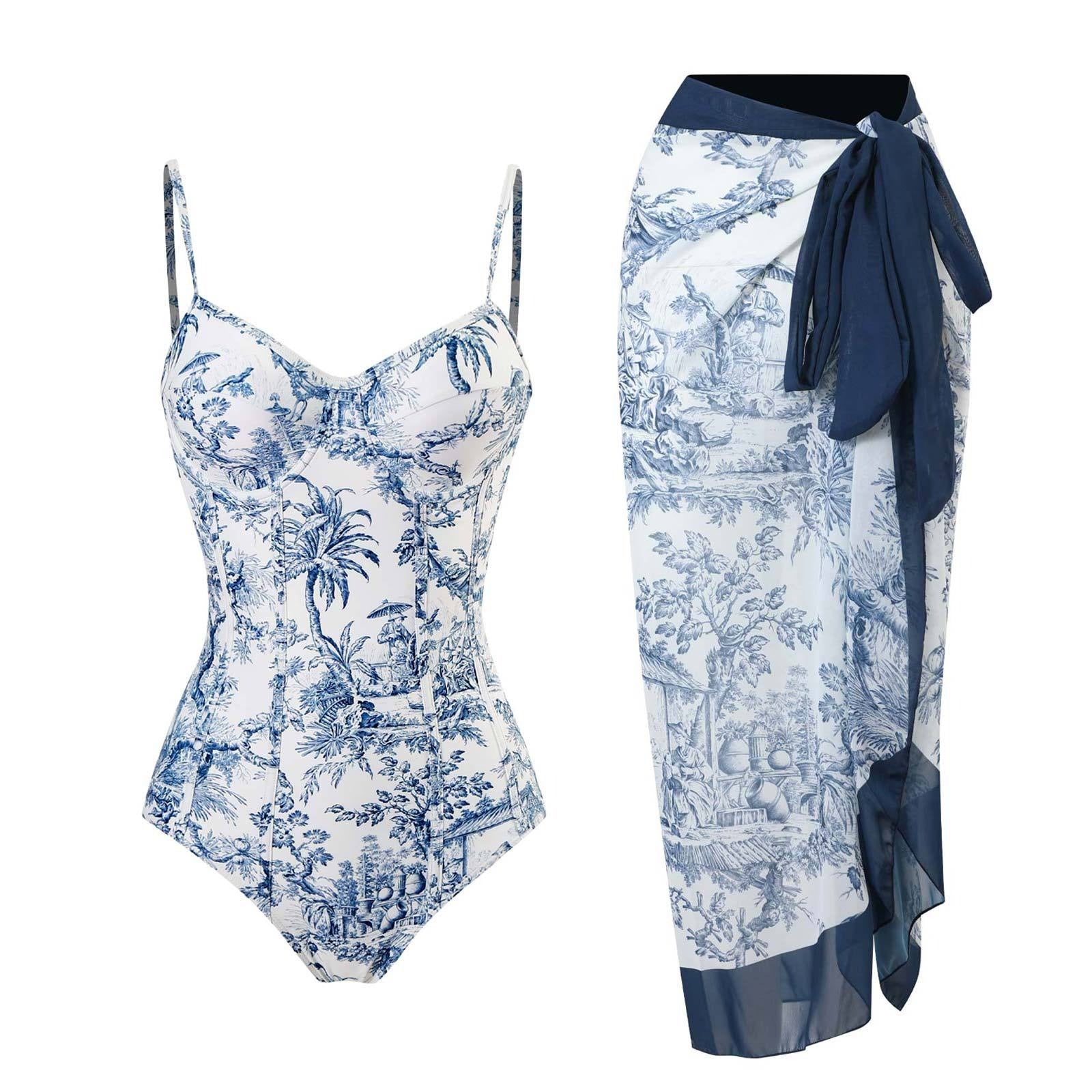 Blue and White Elegant Printed Swimsuit With Micro Monokini Wrap