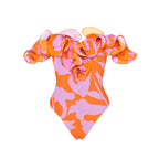 New Off Shoulder Ruffle Printed One Piece Swimsuit and Skirt Summer Swimwear Women Beachwear Bathing Suit