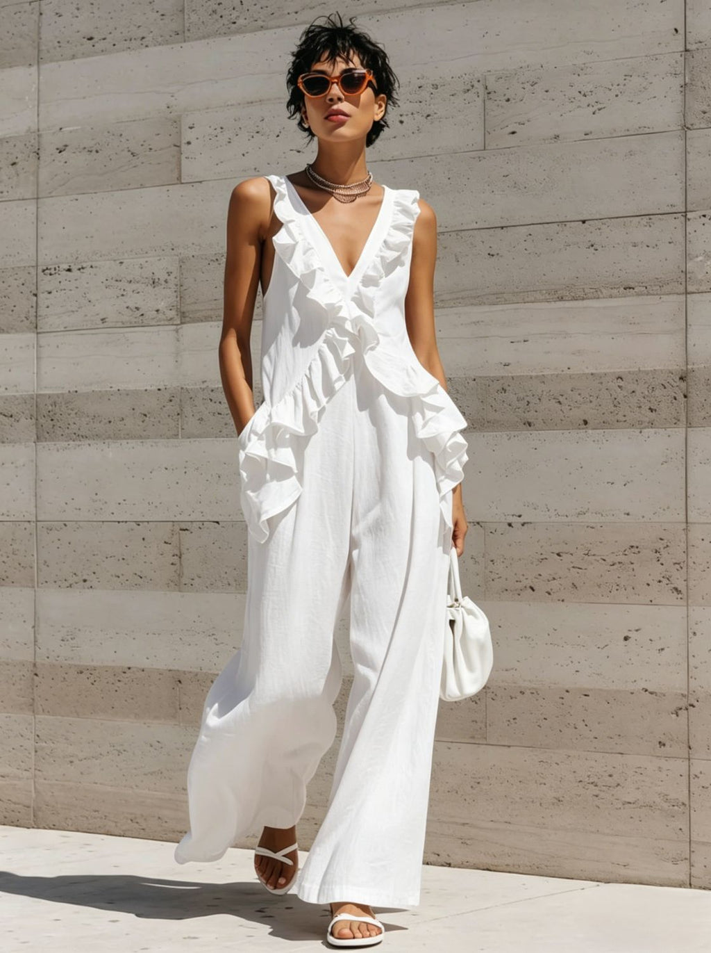Casual Vacation Style Women's Sleeveless V-Neck Solid Color Jumpsuit