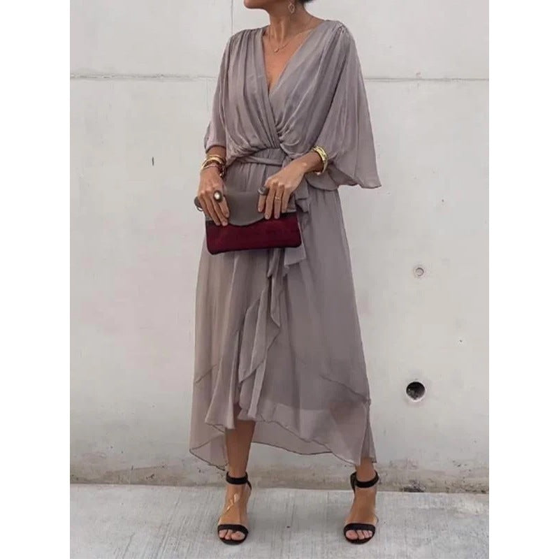Plus Size Solid Color Tie-Waist Long Dress with Batwing Sleeves and Asymmetrical Hem