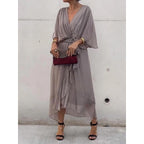 Plus Size Solid Color Tie-Waist Long Dress with Batwing Sleeves and Asymmetrical Hem