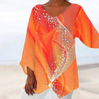 Style Plus Size Women's Summer Casual Loose Irregular Print Long Sleeve V-Neck Top