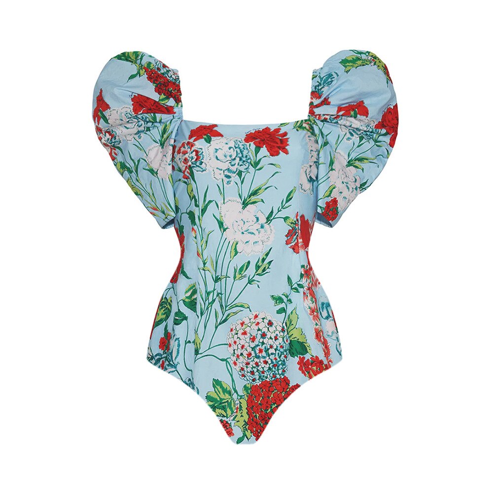 Retro Print Ruffle Edge One Piece Slash Neck Backless Swimsuit With Beach Wrap