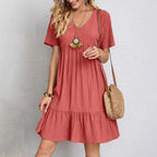 Summer European and American Plus Size Women's Skirts Loose Casual Short Sleeve Belted Elegant Large Size Dress