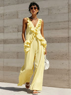 Casual Vacation Style Women's Sleeveless V-Neck Solid Color Jumpsuit