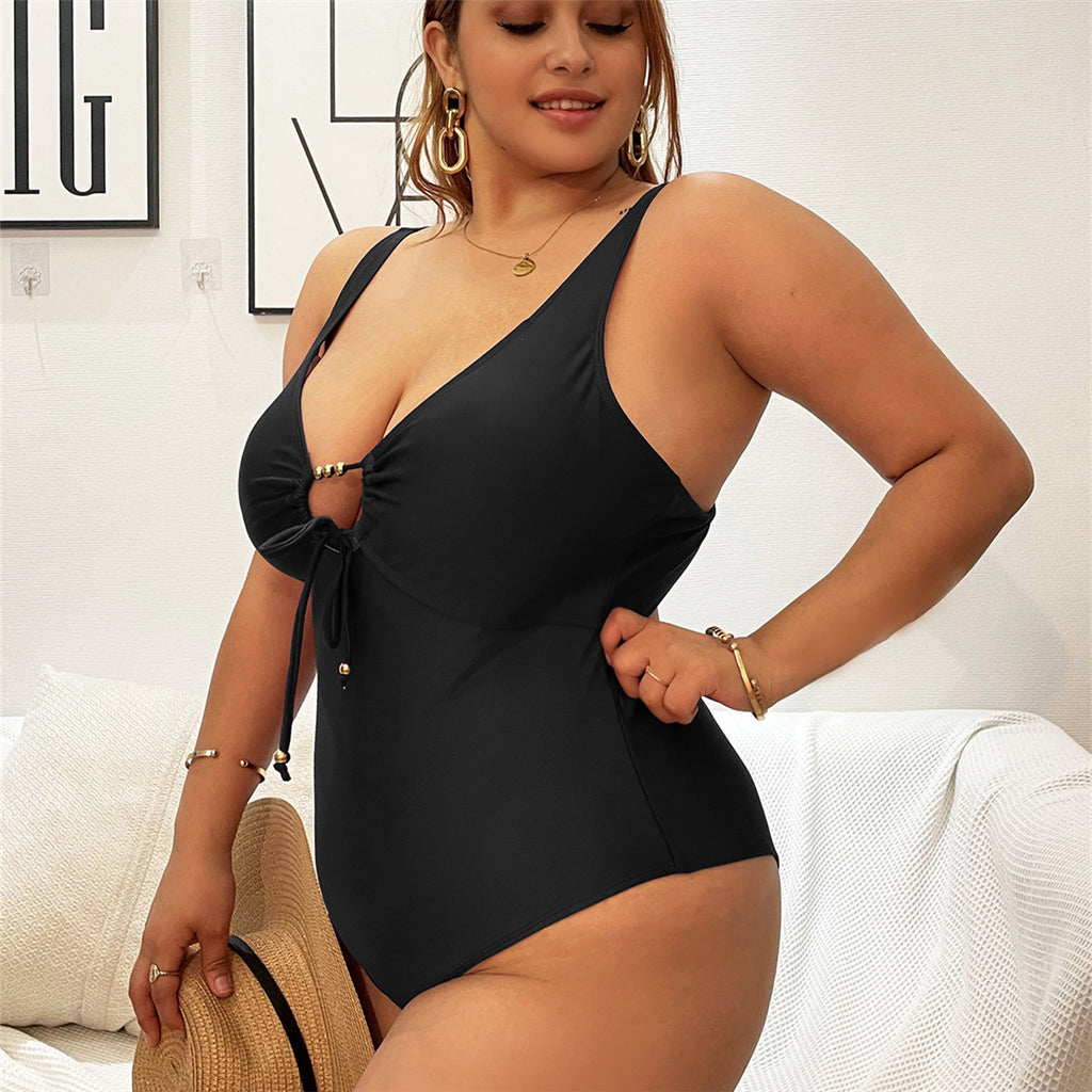 Plus Size Solid Color Tie Front Swimsuit