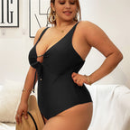 Plus Size Solid Color Tie Front Swimsuit