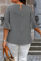 Black Plus Size Plaid Bow Decor Bell Sleeve Round Neck Jumper