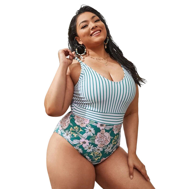 Plus Size Bikini Print Striped Swimwear