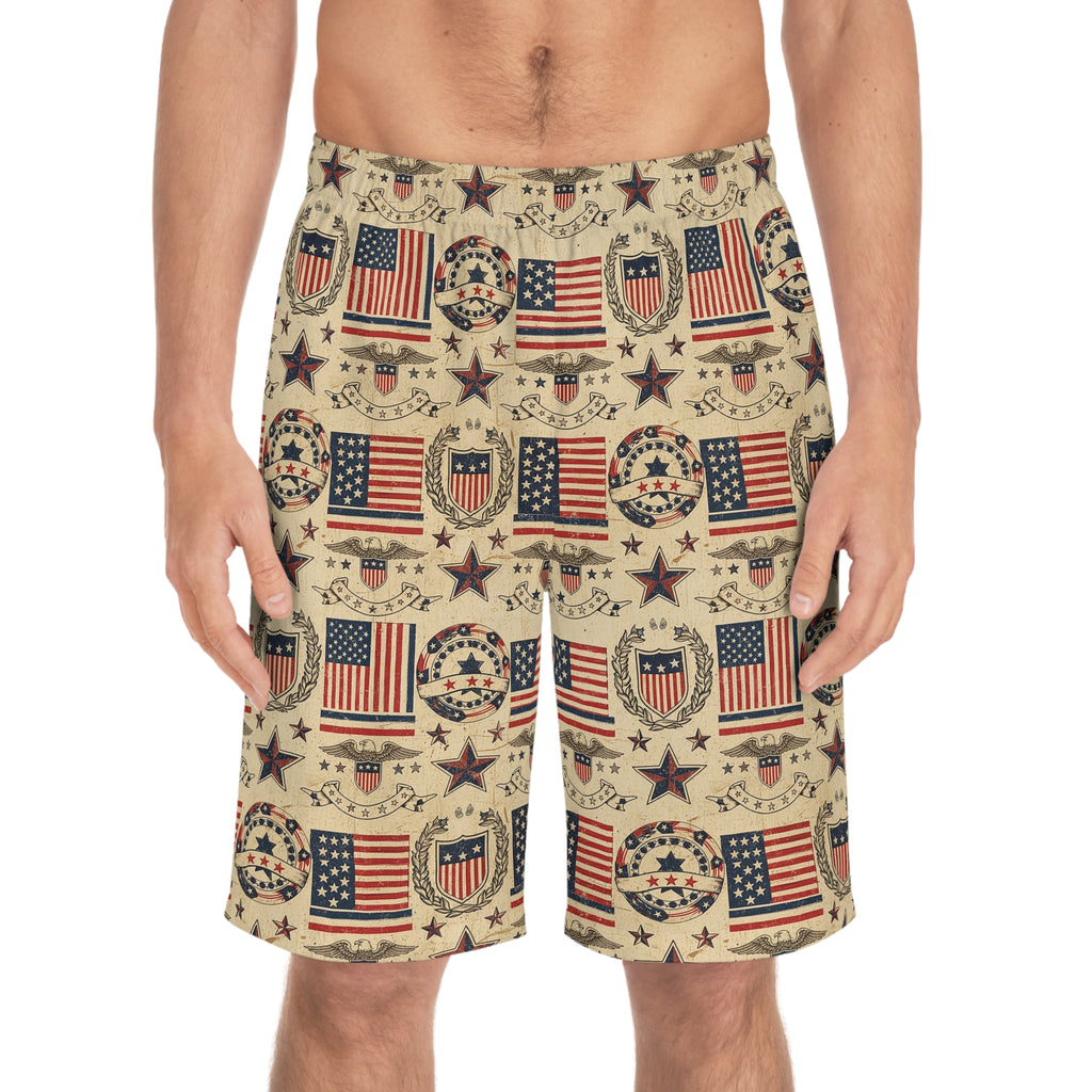 Patriotic Vintage Flag Men's Board Shorts — American Stars & Stripes Swim Trunks