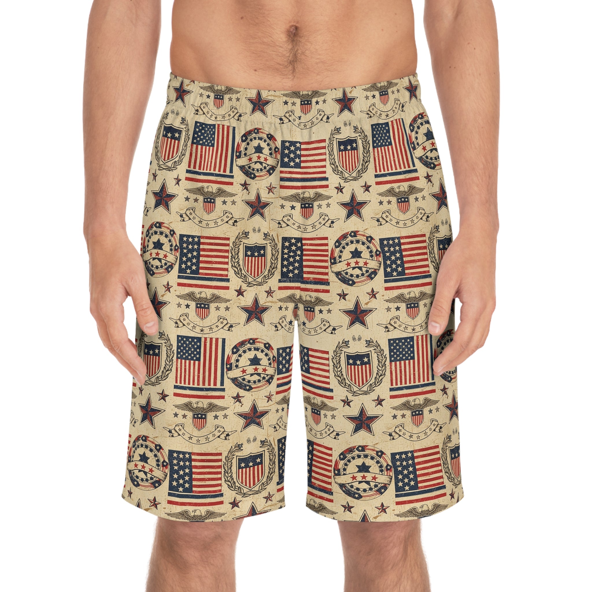 Patriotic Vintage Flag Men's Board Shorts — American Stars & Stripes Swim Trunks