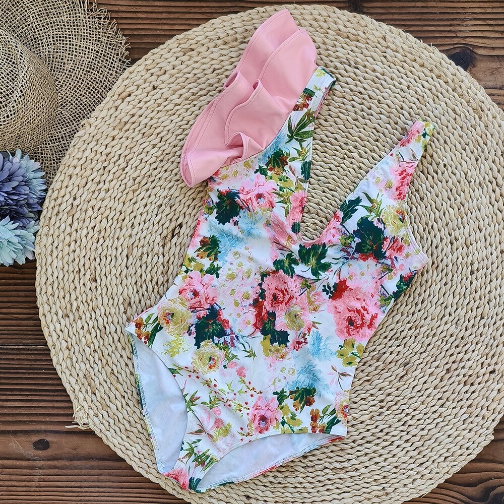 Pink Sexy One Piece Swimsuit Skirt Summer Women Backless Print Swimwear Beachwear Dress Cover Up Monokini Bath Suit