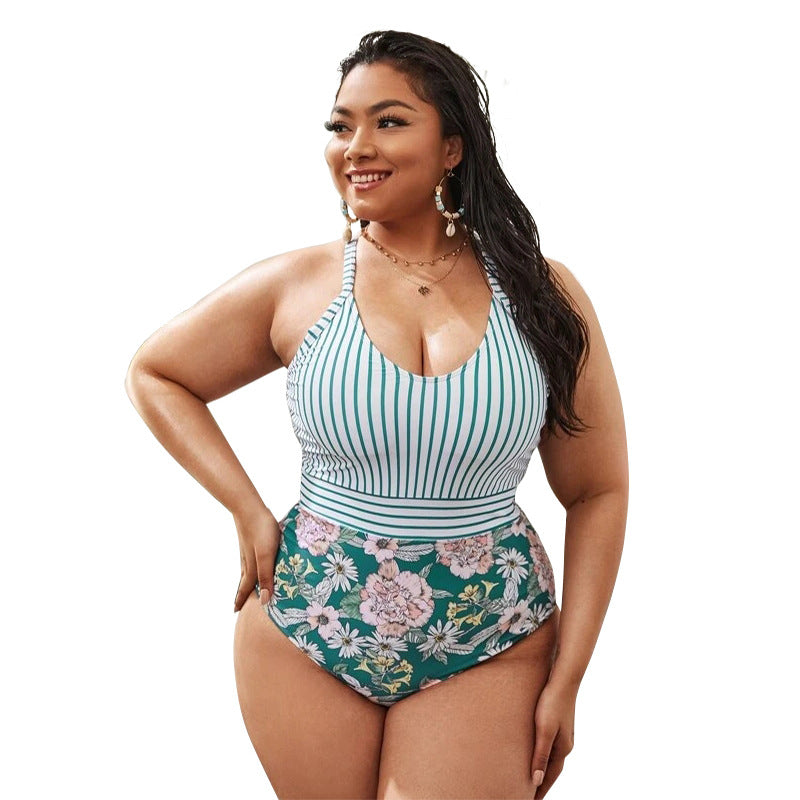 Plus Size Bikini Print Striped Swimwear
