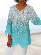 Style Plus Size Women's Summer Casual Loose Irregular Print Long Sleeve V-Neck Top