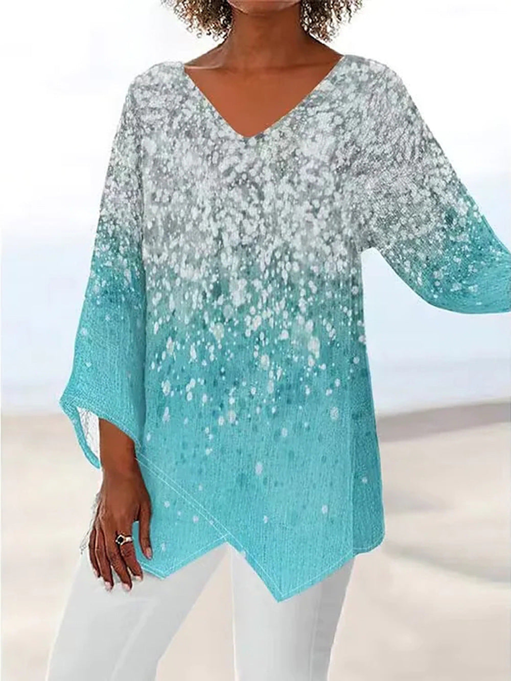 Style Plus Size Women's Summer Casual Loose Irregular Print Long Sleeve V-Neck Top