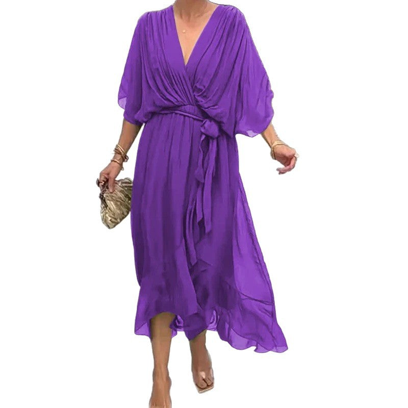 Plus Size Solid Color Tie-Waist Long Dress with Batwing Sleeves and Asymmetrical Hem