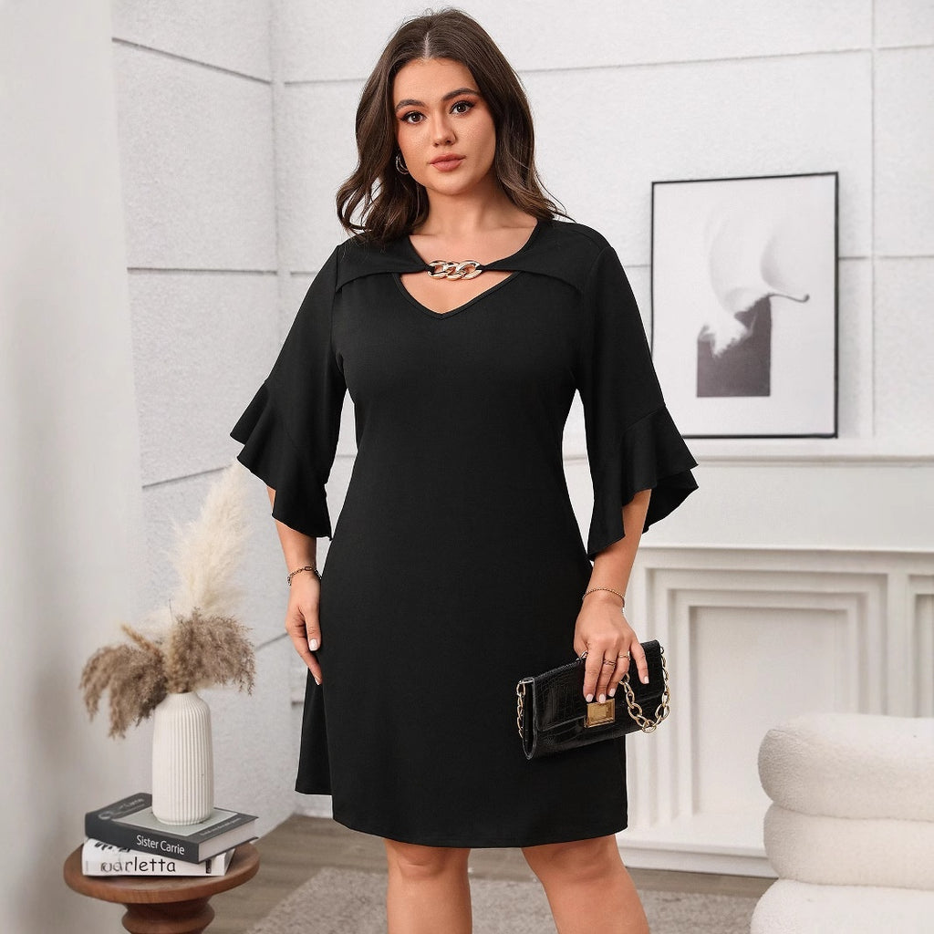 Fashionable Plus Size Solid Color Dress with Flare Sleeves and Slimming Design