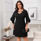 Fashionable Plus Size Solid Color Dress with Flare Sleeves and Slimming Design