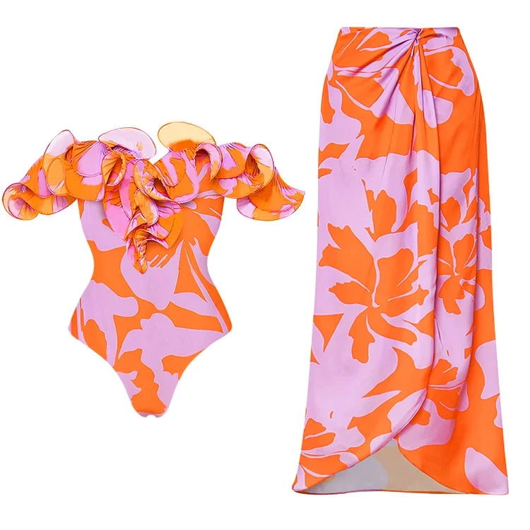 New Off Shoulder Ruffle Printed One Piece Swimsuit and Skirt Summer Swimwear Women Beachwear Bathing Suit