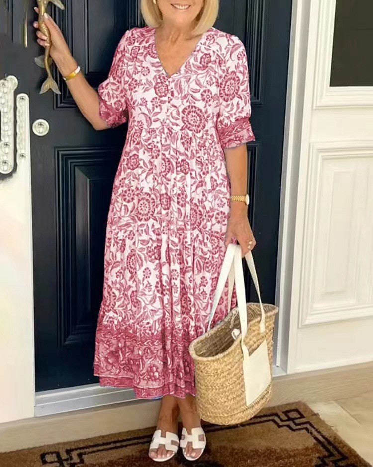 Chic Commuter Long Floral Tie-Dye Print Plus Size Loose Versatile Dress for Women
