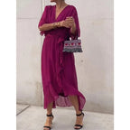 Plus Size Solid Color Tie-Waist Long Dress with Batwing Sleeves and Asymmetrical Hem