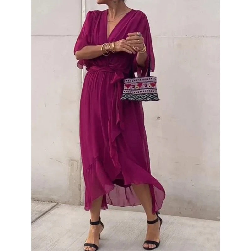 Plus Size Solid Color Tie-Waist Long Dress with Batwing Sleeves and Asymmetrical Hem