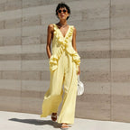 Casual Vacation Style Women's Sleeveless V-Neck Solid Color Jumpsuit