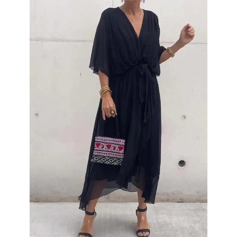 Plus Size Solid Color Tie-Waist Long Dress with Batwing Sleeves and Asymmetrical Hem