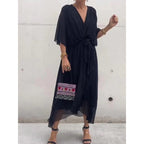 Plus Size Solid Color Tie-Waist Long Dress with Batwing Sleeves and Asymmetrical Hem