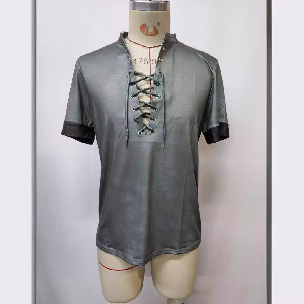 Retro V-Neck Tied Casual Short Sleeve T-Shirt for Men Plus Size Summer and Spring