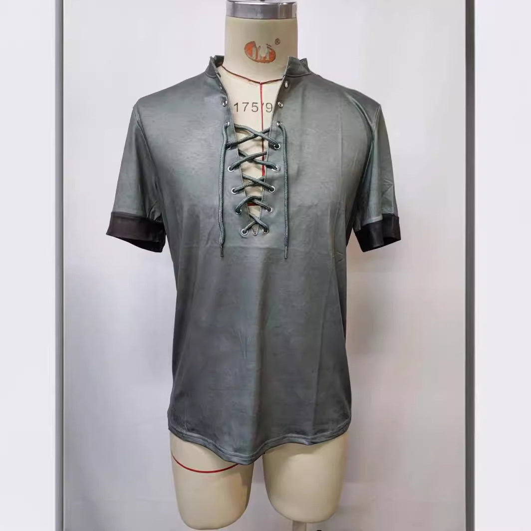 Retro V-Neck Tied Casual Short Sleeve T-Shirt for Men Plus Size Summer and Spring