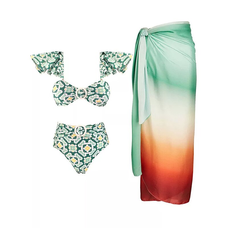 Ruffle One‑Piece Floral Swimsuit with Gradient Kimono Cover‑Up